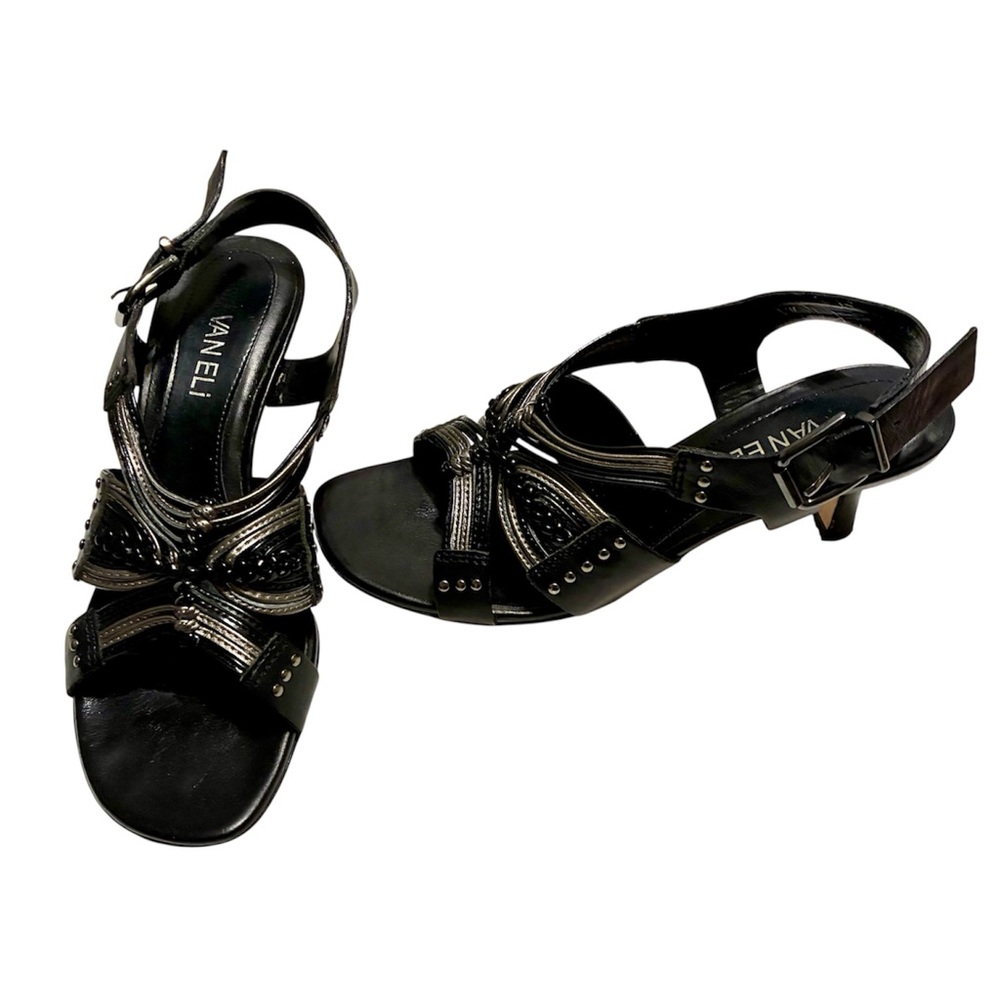 VANELi Sandals Mismatched 7 & 7.5M Black Silver Leather Strappy Kitten Heel
